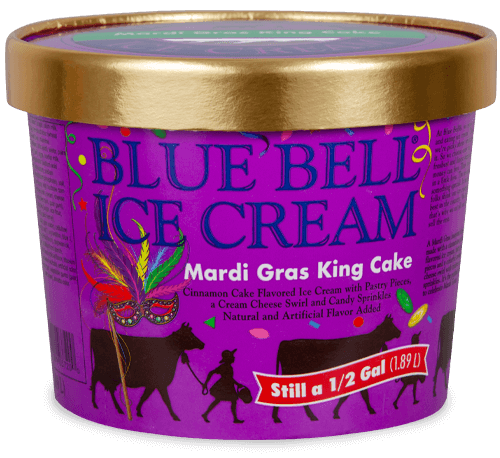 Blue Bell Mardi Gras King Cake Ice Cream in half gallon