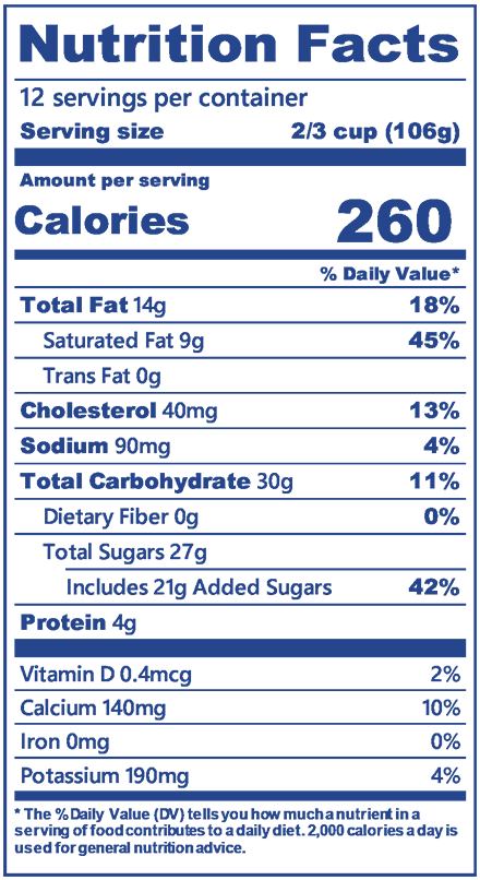 Blue Bell Gooey Butter Cake Ice Cream half gallon nutrition label