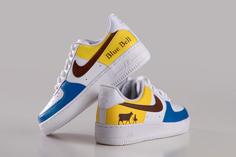 Blue Bell Ice Cream shoe give-a-way. Custom Nike Air sneakers with Blue Bell Ice Cream logo.