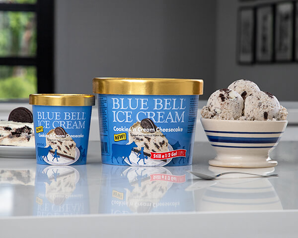 Blue Bell Cookies 'n Cream Cheesecake Ice Cream in half gallon and pint