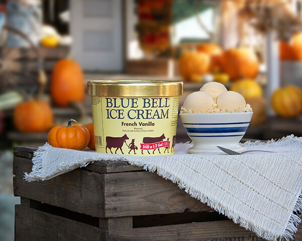 Blue Bell French Vanilla Ice Cream in half gallon with bowl