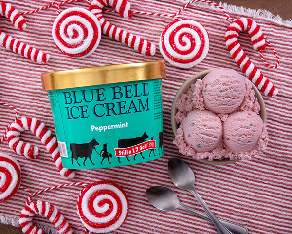 Blue Bell Peppermint Ice Cream in bowl with half gallon