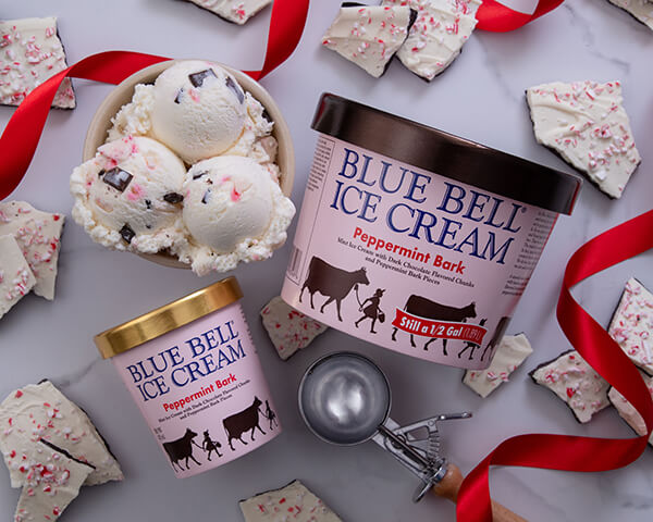 Blue Bell Peppermint Bark Ice Cream in half gallon and pint